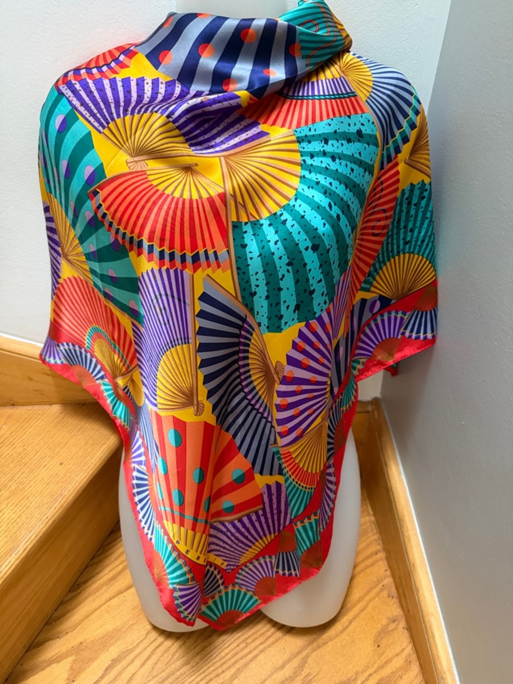 VTG Perry Ellis Silk Scarf – Vibrant Jewel Tone Oriental Fan Print
